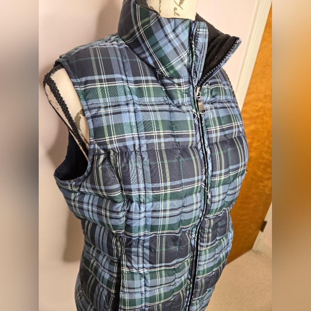 Eddie Bauer Womens Premium Goose Down Vest Blue Green Plaid Quilted Zip Sz Small